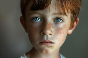 Portrait of young redhead boy with freckles making serious expression photo