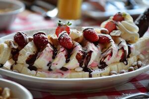 Delicious banana split covered in chocolate sauce, strawberries and whipped cream being served on table photo