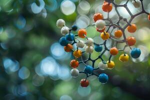 Molecular model hanging in front of a green background with bokeh photo