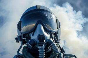 Fighter pilot wearing helmet and oxygen mask with smoke in background photo