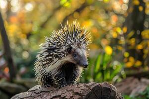 Indian crested porcupine standing on a log in a forest photo