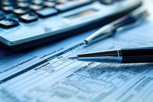Accountant working with calculator and pen analyzing financial data on statement photo