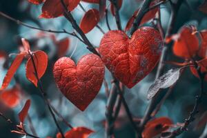 Two red sparkling hearts hanging from tree branch with red leaves photo