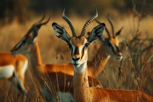 Impala standing in tall grass with other impalas out of focus in background photo