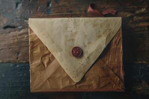 Old paper envelope with red wax seal lying on wooden table photo