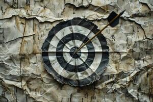 Arrow hitting the center of an old paper target on crumpled paper background photo