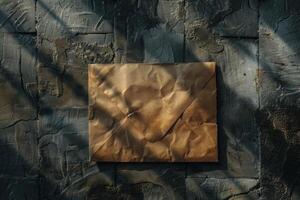 Old brown envelope casting shadows on dark textured surface photo