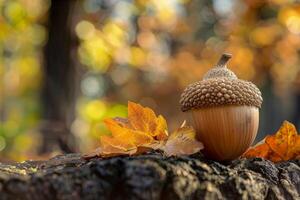 Acorn sitting on a tree stump with autumn leaves in the forest photo