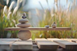 Balancing pebbles on wooden plank symbolizing harmony and balance photo