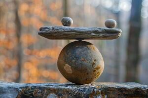 Balancing stone sculpture is standing on a rock in the forest photo