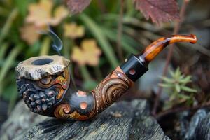 Smoking pipe resting on a rock with blurred green background photo