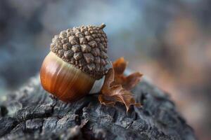 Acorn lying on its side on tree trunk with dry leaf photo