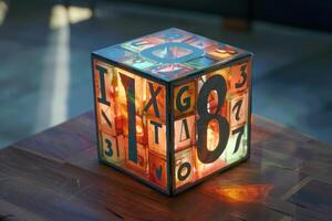 Glowing cube lamp sitting on a wooden table is casting warm light photo