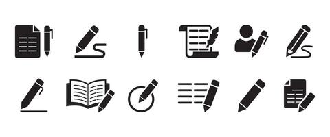 Writing icon set. Containing pen, write, pencil, note, edit, writer, document, text and more. Containing added identity document data, se of UI and mobile app, web site interface. vector