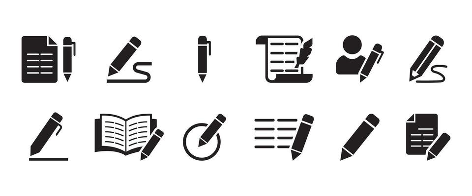 Writing icon set. Containing pen, write, pencil, note, edit, writer, document, text and more. Containing added identity document data, se of UI and mobile app, web site interface.
