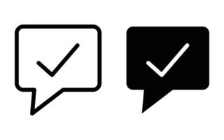 chat bubble with checkmark icon, Black square speech bubble with checkmark line icon, simple approved chat talk flat design pictogram, vector