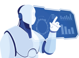 A robot pointing at a screen with graphs on it png
