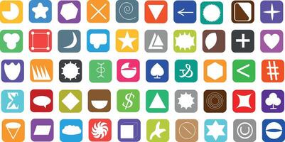 A collection of icons with various shapes and symbols arranged in rows on a transparent background. Each icon has a different background color and different symbols. vector