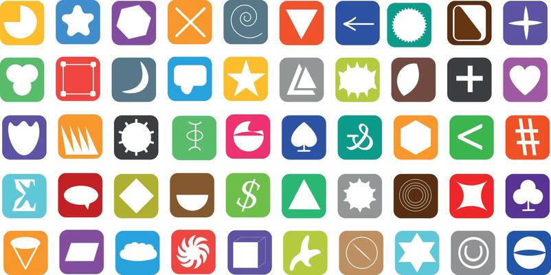 A collection of icons with various shapes and symbols arranged in rows on a transparent background. Each icon has a different background color and different symbols.