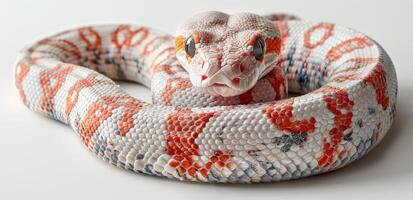 White and orange patterned python coiled on a white background, detailed scales. photo