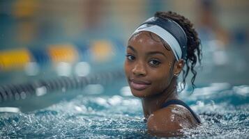 Young woman in a swimming pool with a swim cap, smiling confidently with water droplets on her face. photo