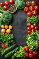 Top view of colorful fresh vegetables arranged in a vibrant frame, including tomatoes, broccoli, cucumbers, and leafy greens. photo