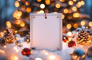 Blank festive card hanging on a string with holiday decorations and lights in the background. photo