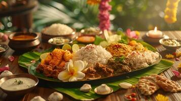 Traditional Kerala feast with rice, curries, and pickles served on a banana leaf with a variety of side dishes. photo