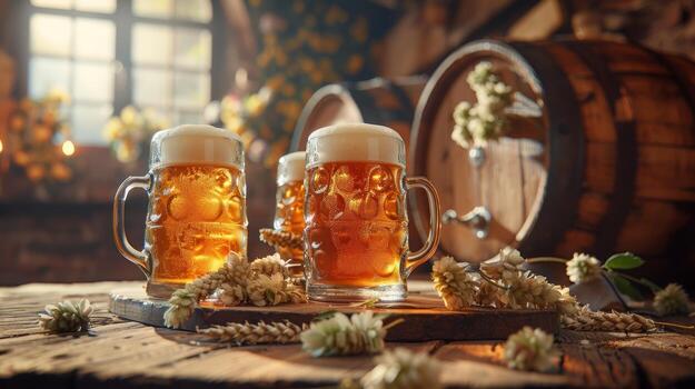 Beer mugs with frothy heads surrounded by hops and barley on a rustic wooden table in a brewery setting, rich amber color. photo