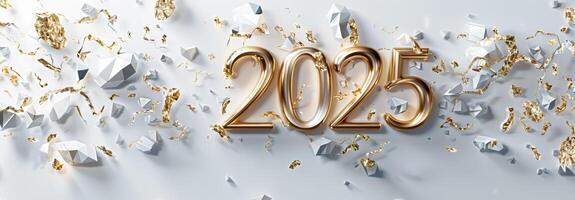 Golden 2025 number with white and gold confetti, celebrating the New Year photo