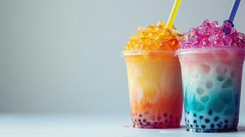 Bright and Colorful Bubble Tea Drinks with Fresh Fruit Flavors and Tapioca Pearls photo