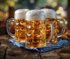 Trio of Foamy Beer Mugs on a Checkered Cloth in a Cozy Outdoor Beer Garden Setting photo
