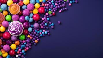 Colorful candies on dark background. Top view with copy space photo