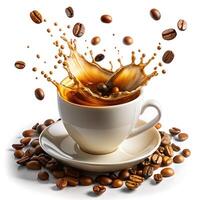 Dynamic Coffee in mug Splash and Beans isolated on white background photo