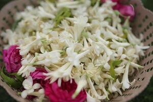 Polianthes tuberosa, and some pink rose cuttings in a bowl for a wedding event with a green grass background photo