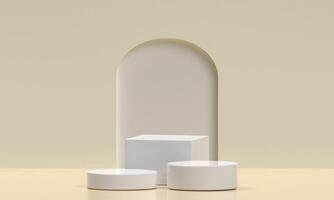 White product display podium in studio room, pastel beige color for display presentation photo