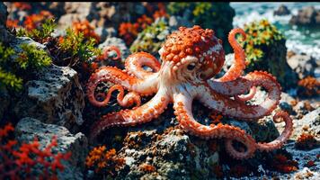 Octopus blending into its rocky environment with various sea plants and shells around it photo