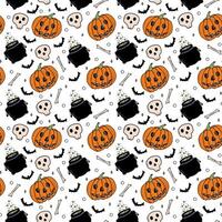 Seamless pattern for Halloween. Scary autumn hand-drawn pattern for covers, backgrounds, wrapping paper, banners, textiles, wallpaper. With pumpkin, skulls, cauldron, bones and bats in a doodle-style vector