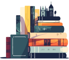 A stack of books with a castle in the background png
