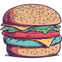 A hamburger with cheese, lettuce and tomato png