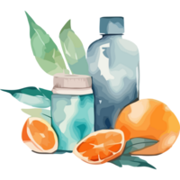 An orange and a bottle of water are next to a leaf png