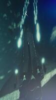 Vertical Man shoots asteroids in spaceship flying singleplayer game on gaming PC with overlay HUD showing health, fuel bars. Gamer navigating universe in simulation game, camera B video