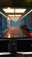 Vertical Shooting videogame on PC with neon lights illuminated components in empty apartment. Science fiction game on desktop PC monitor next to virtual reality glasses and computer peripherals video