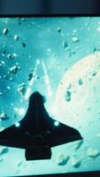 Vertical Man at home shooting asteroids in spaceship flying singleplayer game with overlay HUD showing health, fuel, ammo bars and minimap. Gamer navigating universe in simulation game, close up, camera A video