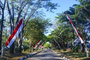The red and white flag of the Indonesian flag flies against a backdrop of blue sky and trees photo