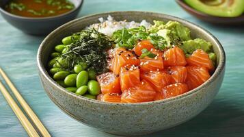 Fresh salmon and greens in a vibrant bowl with sesame dressing photo