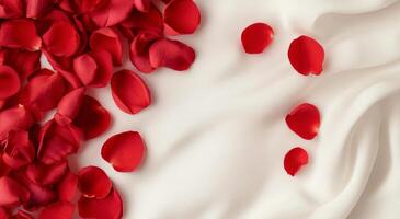 Red rose petals scattered on soft white fabric in an intimate setting photo