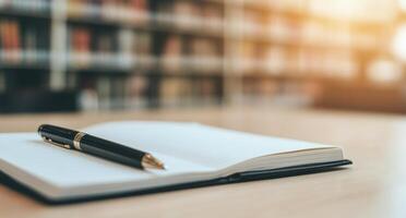 Notebook and pen on a desk in a quiet library during daylight hours photo