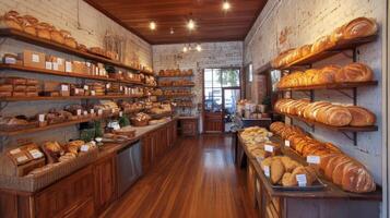 Artisan bakery interior filled with freshly baked loaves in a warm, inviting setting photo