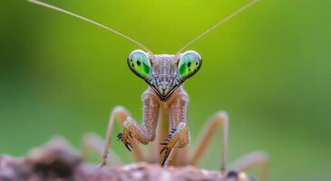 Close-up of a vibrant green mantis perched on a leaf in natural sunlight photo